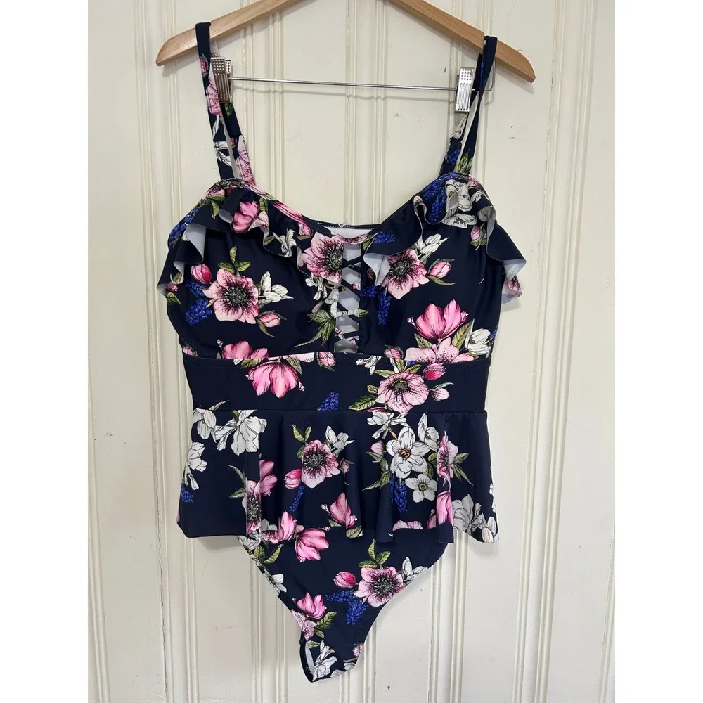 NWT Cupshe Womens 4X Navy Blue Floral Ruffle Lace Up One Piece Swimsuit Beach - Picture 1 of 7